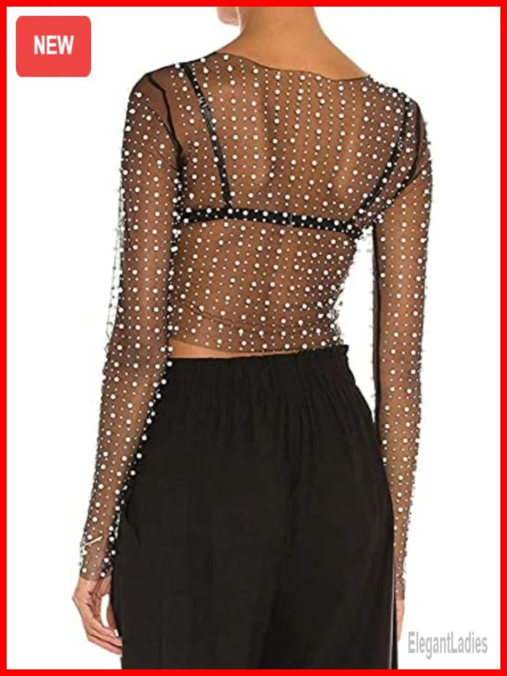 Pearl Rhinestone See Through Mesh Long Sleeve Crop Top Cover Up